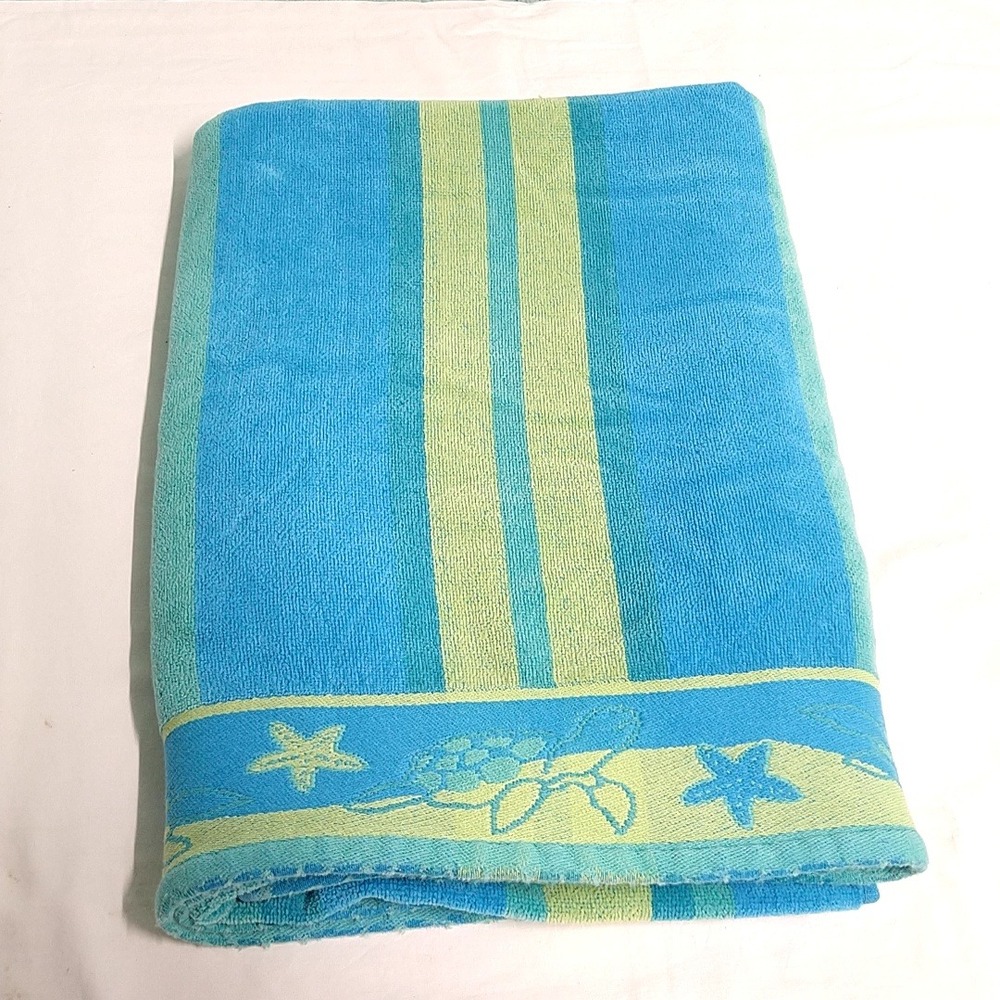 Cecil Saydah Beach Towel Unisex 34x60 Blue Teal Sea Turtle Starfish Cotton